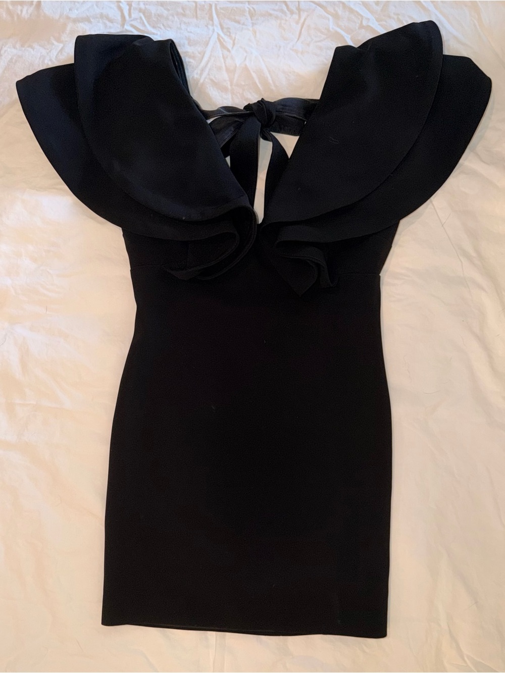 cinq a sept Black Mini Dress with Dramatic Ruffle Shoulders